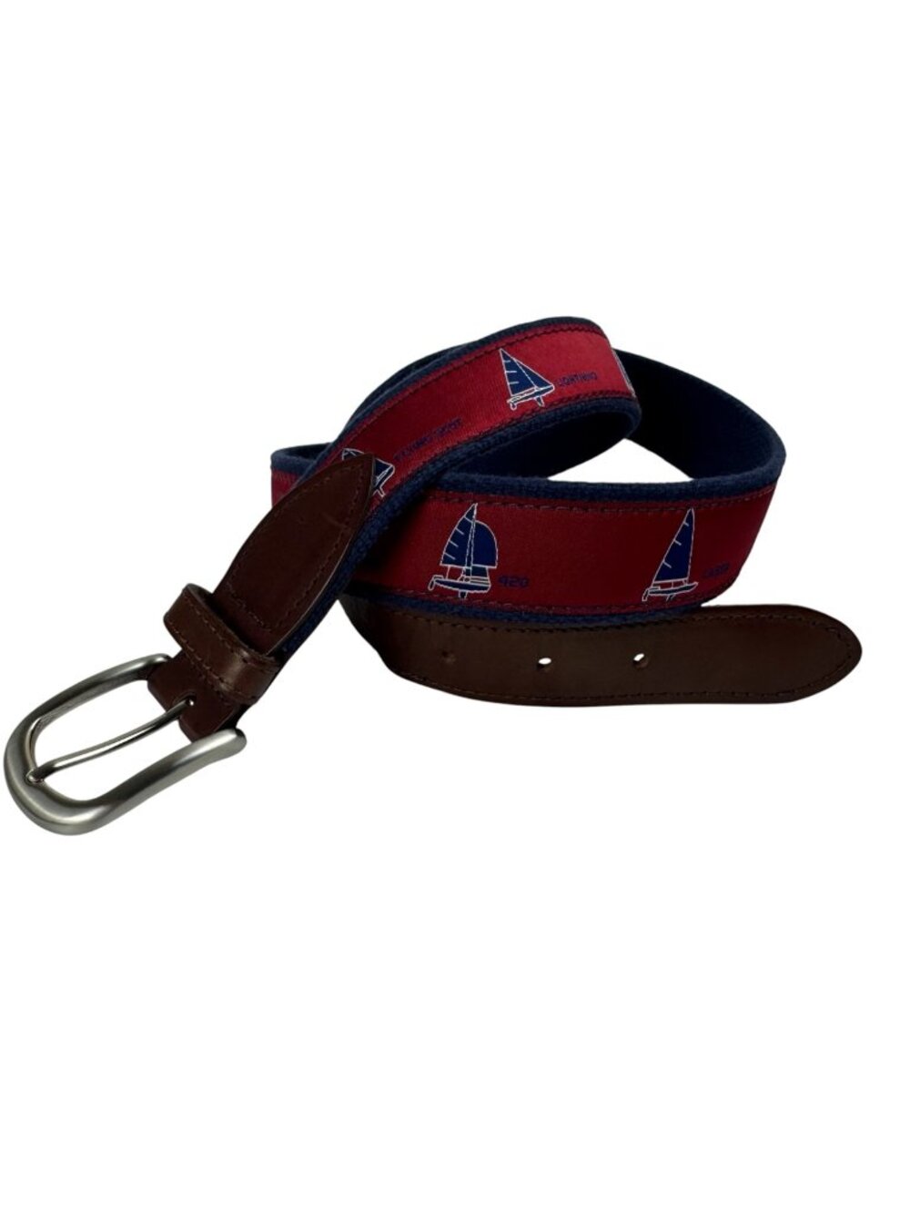 The Belted Cow Sailboats Ribbon Club Belt Sz 38 Leather Brass Red Blue Nautical
